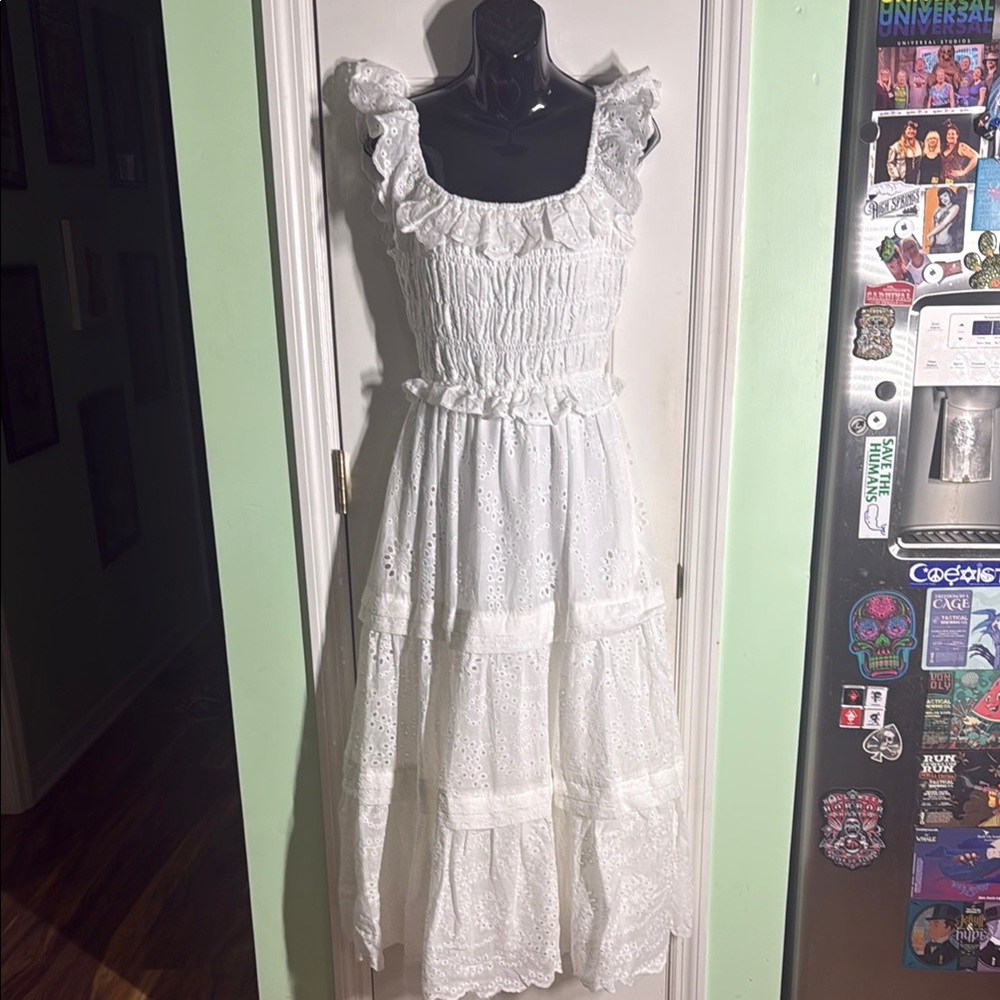 Just Me White Eyelet Boho Wedding Cottagecore Cotton Maxi Dress Size Small
